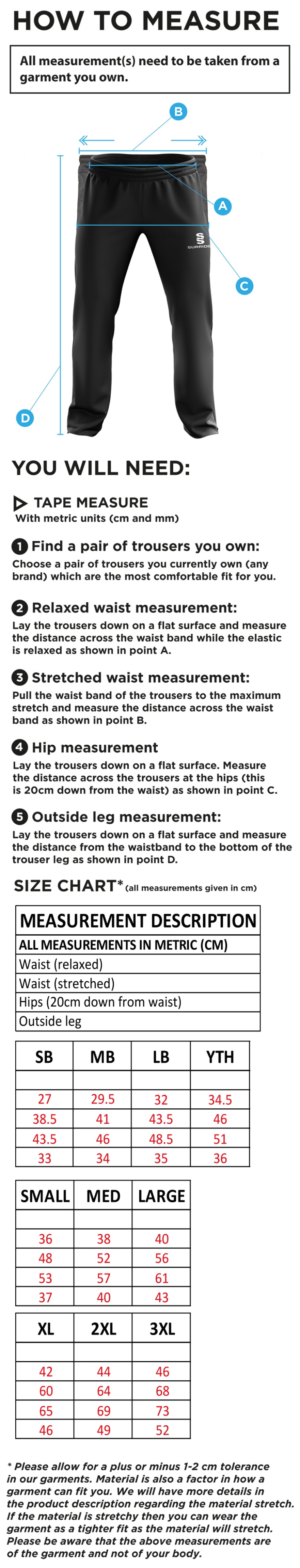 Romiley CC - Ripstop Track Pants - Size Guide