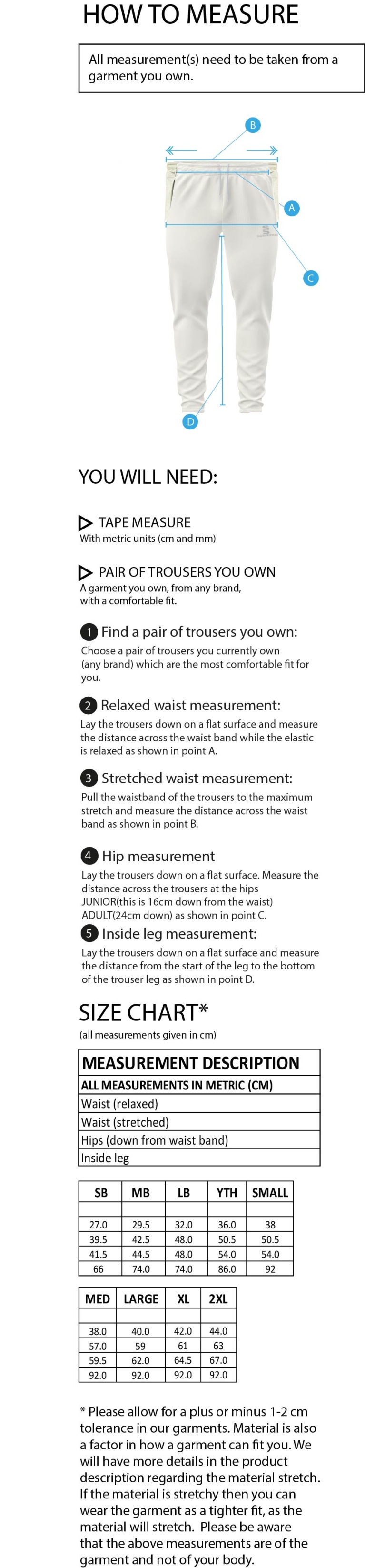 Romiley CC - Blade Playing Pants - Size Guide