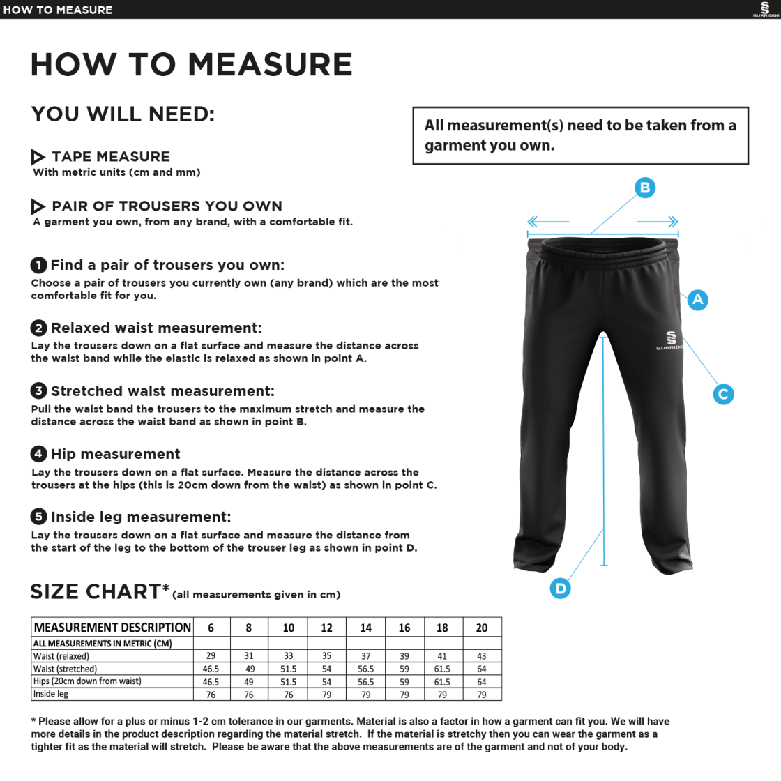 Romiley CC - Women's Poplin Track Pants - Size Guide