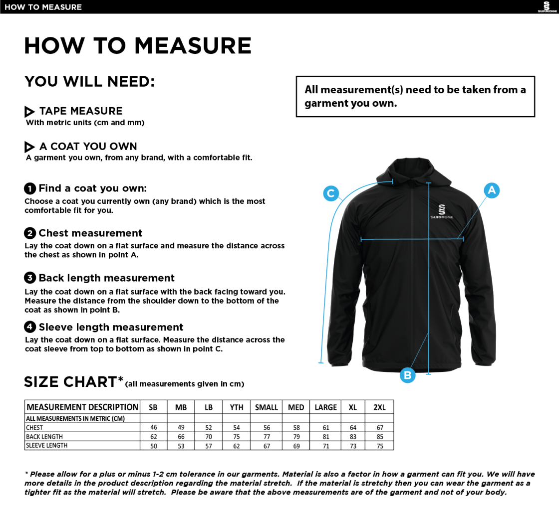 Romiley CC - Dual Elite 1/4 Zip Hoody / Rain Jacket - Size Guide