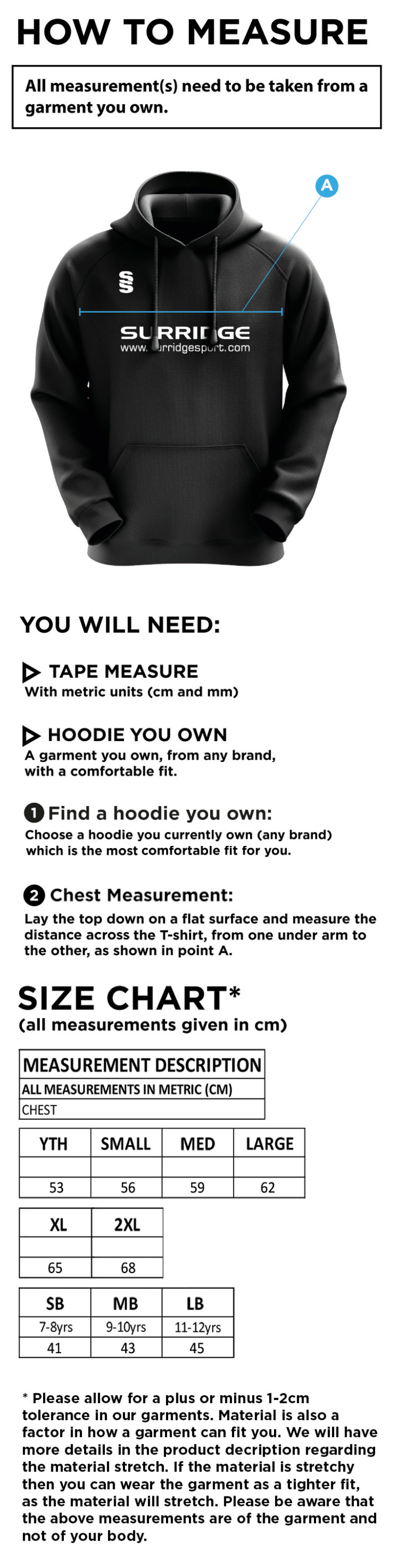 Romiley CC - Blade Hoody - Size Guide