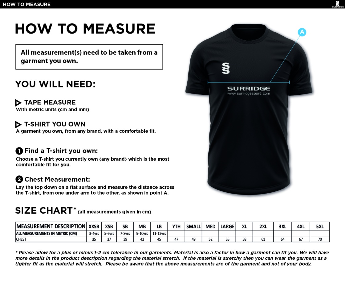 Romiley CC - Blade Polo Shirt - Size Guide