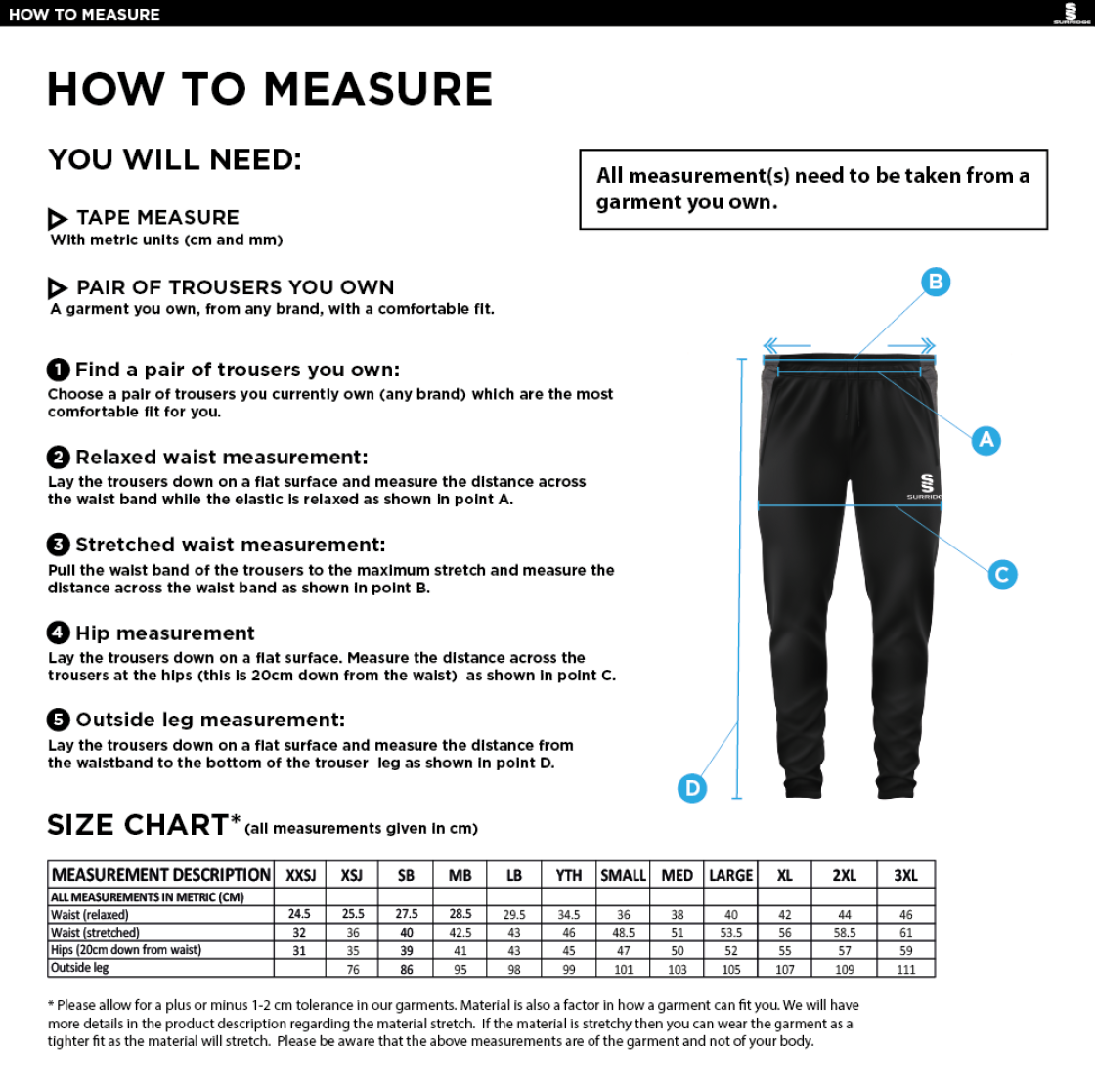 Romiley CC - Tek Slim Pants - Size Guide