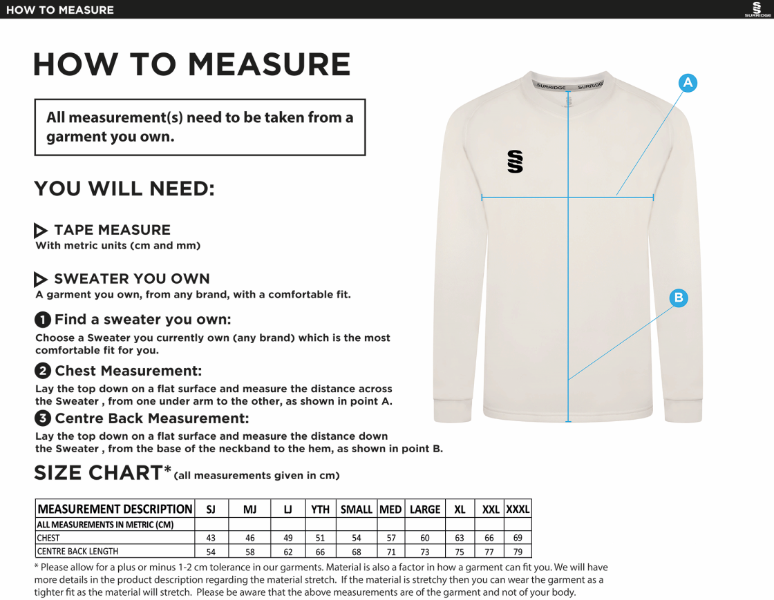 Romiley CC - Blast Long Sleeve Cricket Sweater - Size Guide