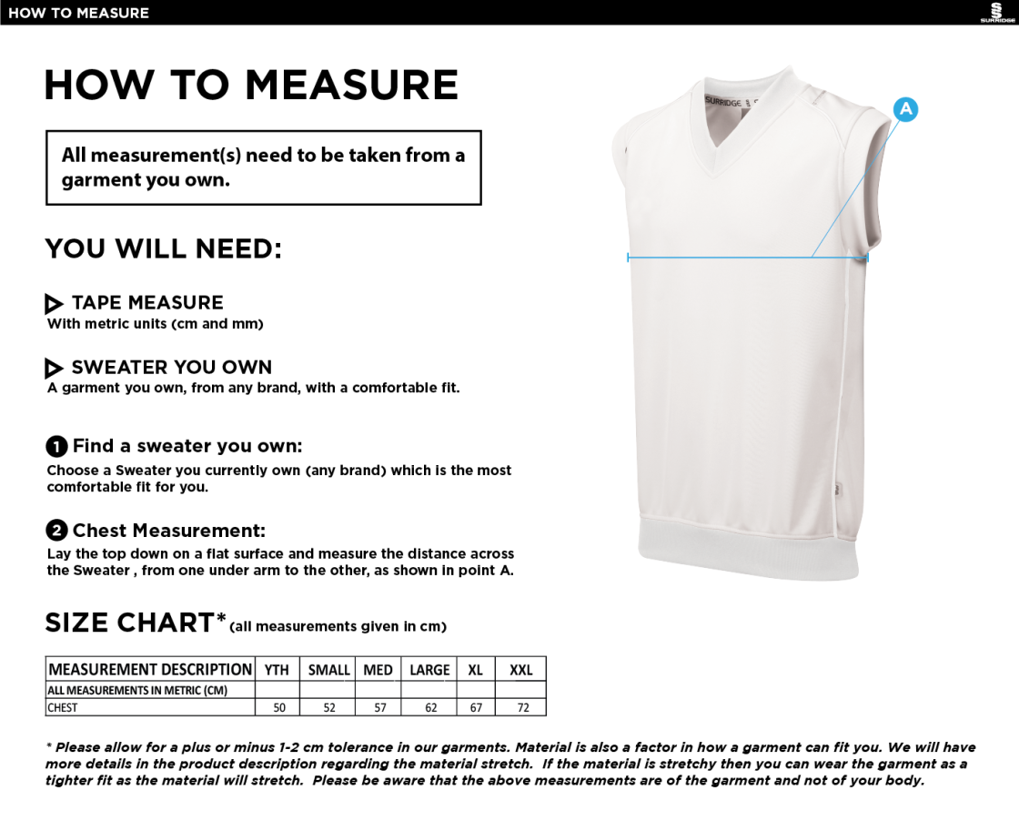 Romiley CC - Curve Sleeveless Playing Sweater - Size Guide
