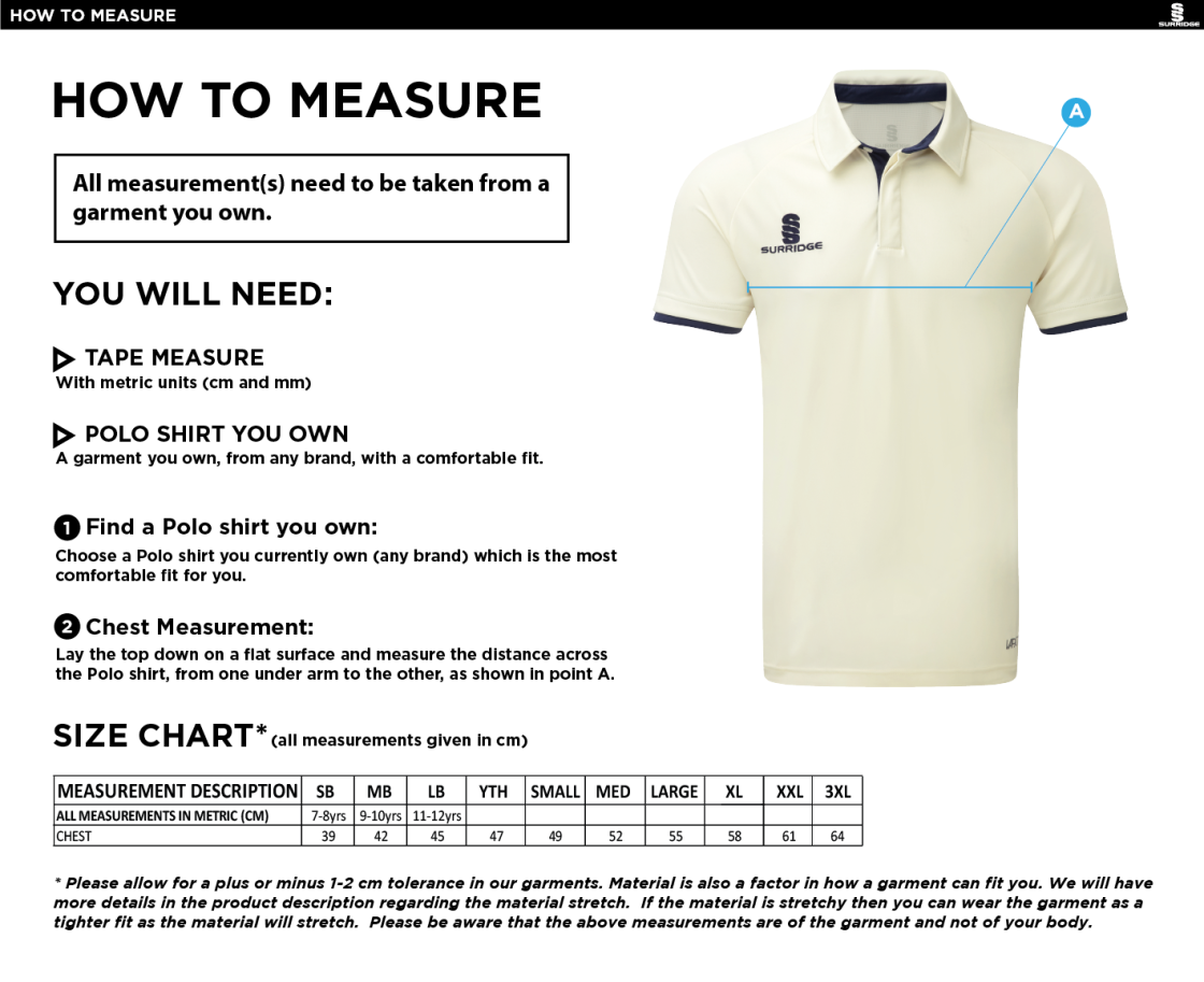 Romiley CC - Short Sleeved Cricket Shirt - Size Guide