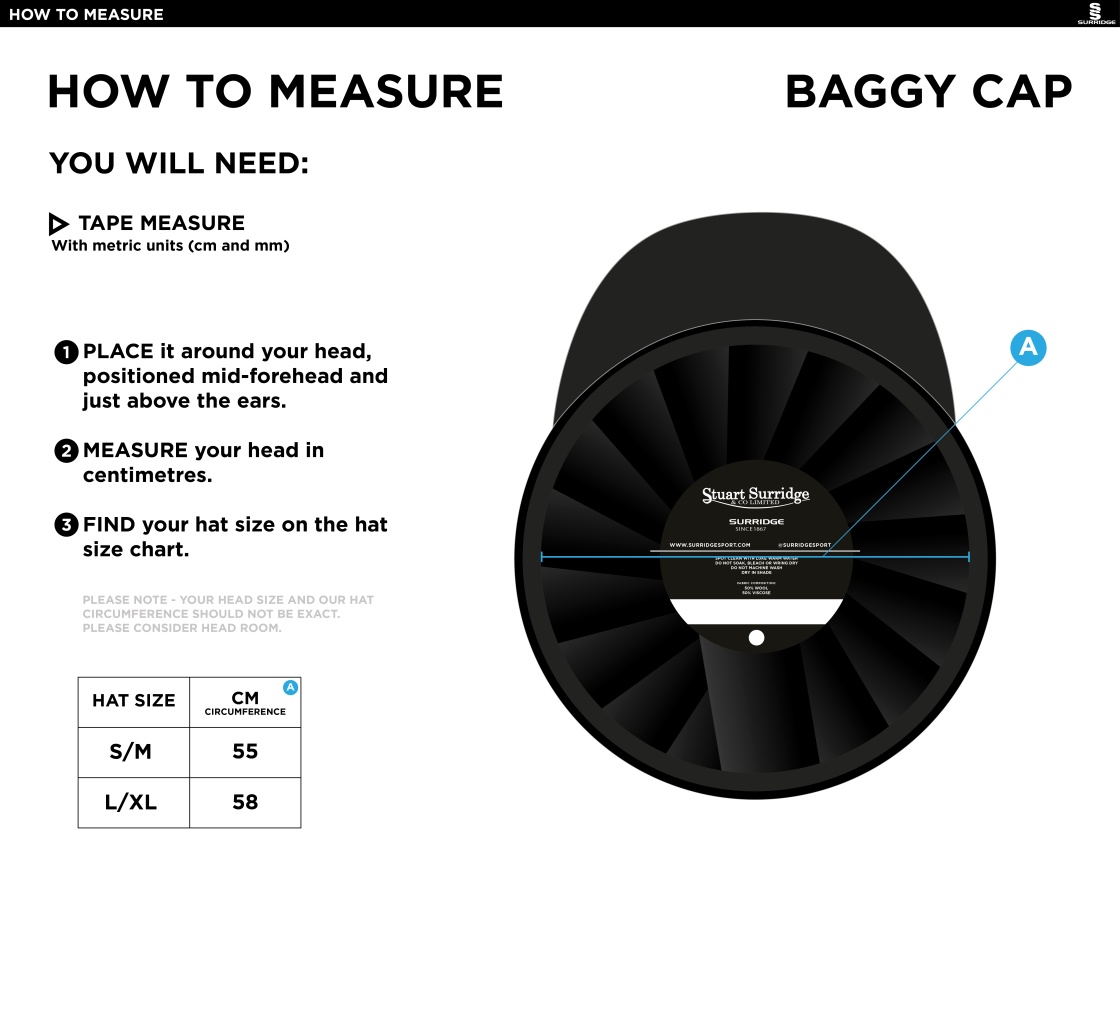 Romiley CC - Baggy Cricket Cap - Size Guide