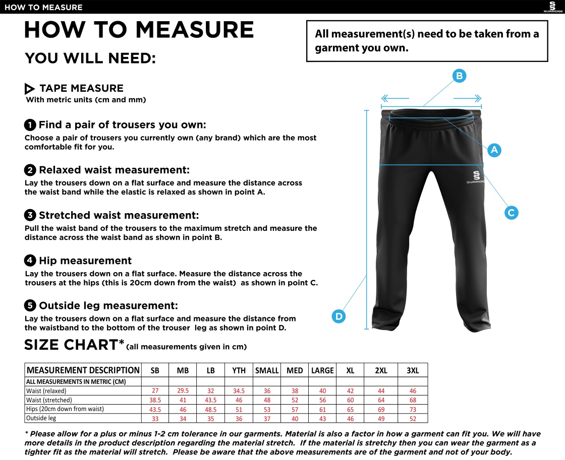 Romiley CC - Ripstop Track Pants - Size Guide