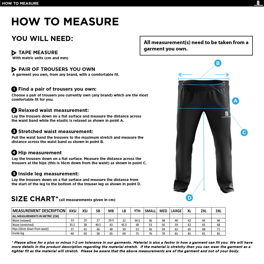 Romiley CC - Poplin Track Pant - Size Guide