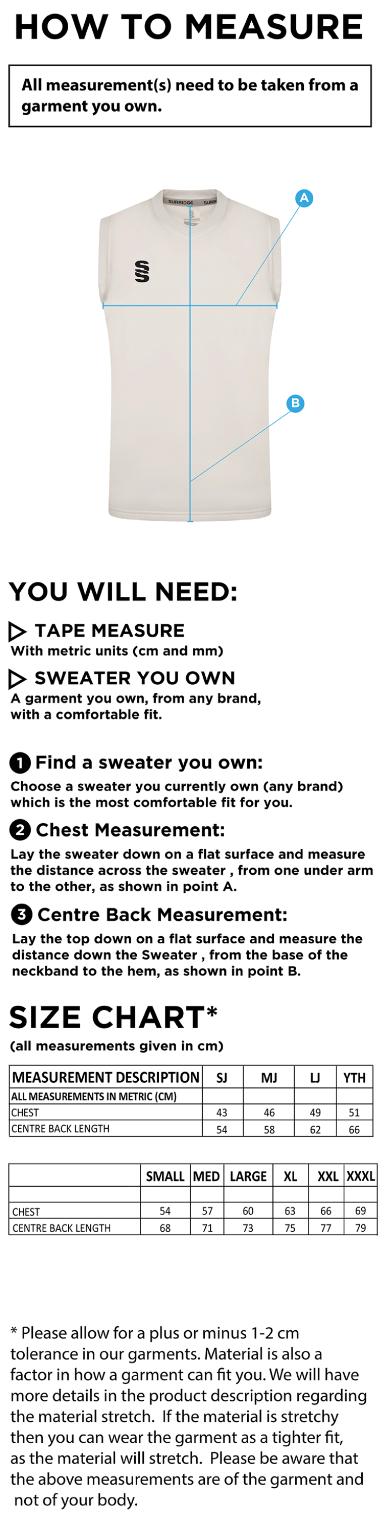 Romiley CC - Blast Sleeveless Cricket Sweater - Size Guide