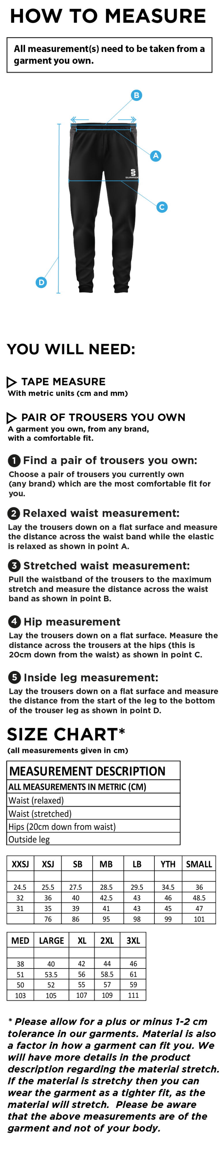 Romiley CC - Tek Slim Pants - Size Guide