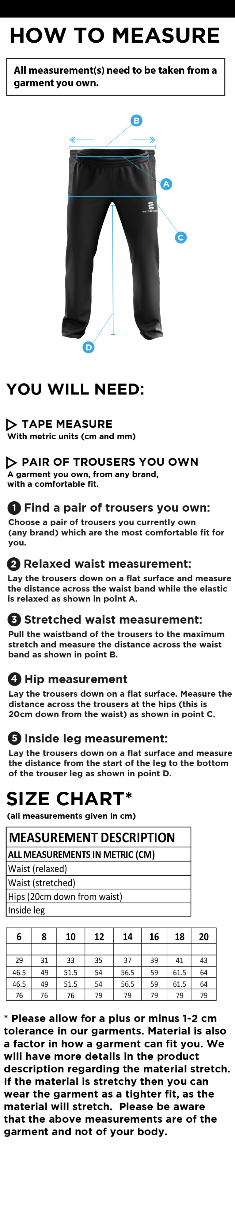 Romiley CC - Women's Poplin Track Pants - Size Guide