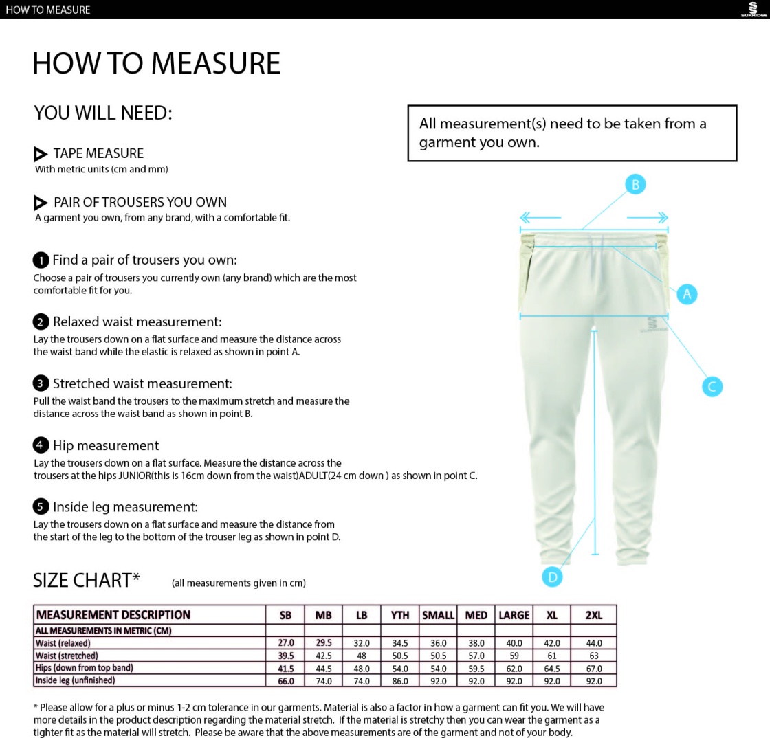 Romiley CC - Tek Playing Trousers - Size Guide