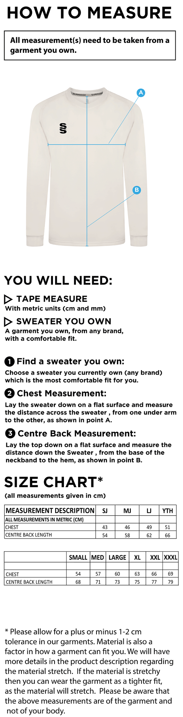 Romiley CC - Blast Long Sleeve Cricket Sweater - Size Guide