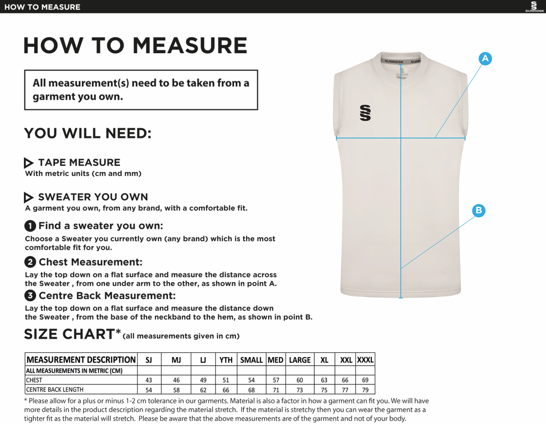 Romiley CC - Blast Sleeveless Cricket Sweater - Size Guide