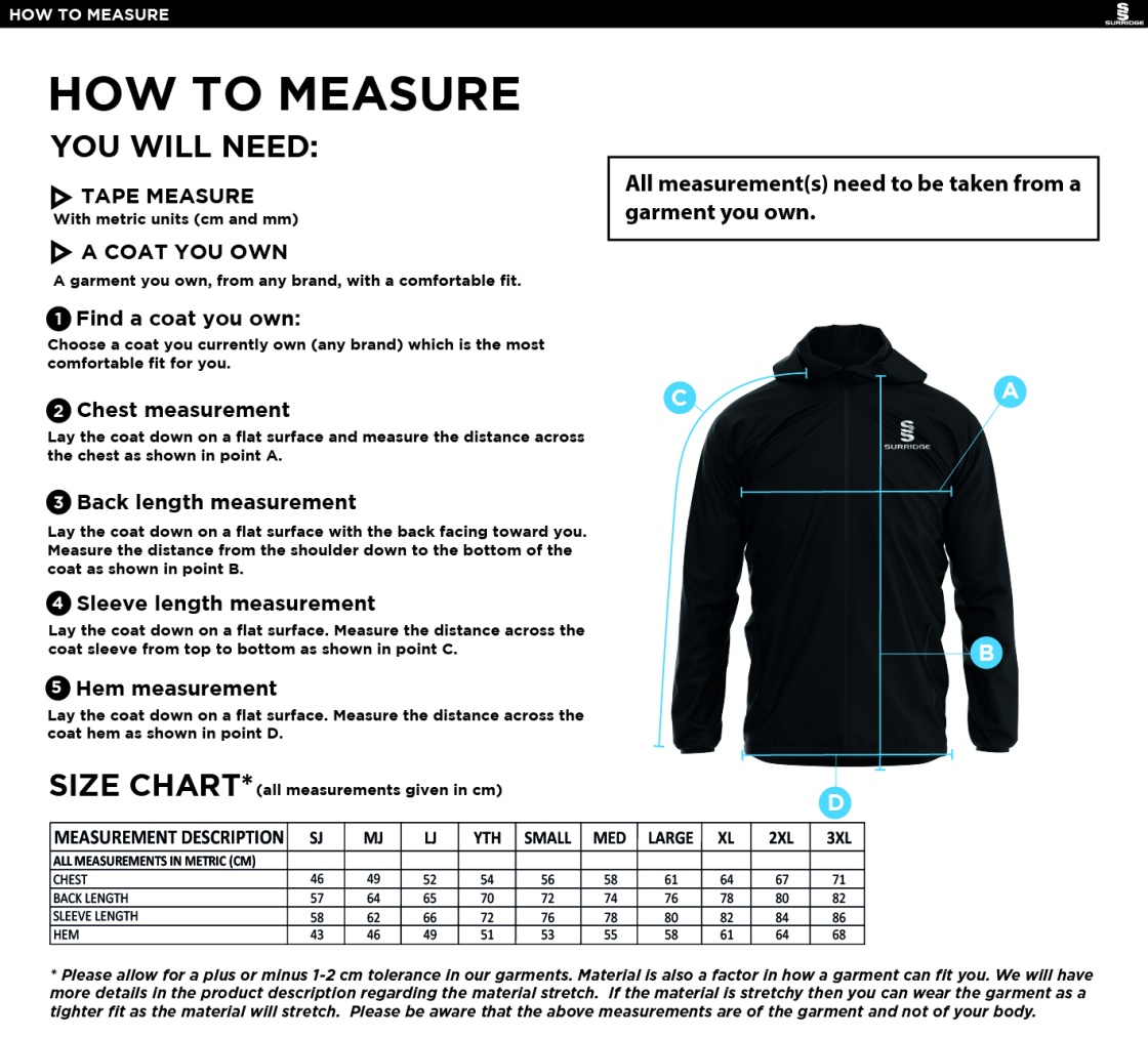 Romiley CC - Dual Elite 1/4 Zip Hoody / Rain Jacket - Size Guide
