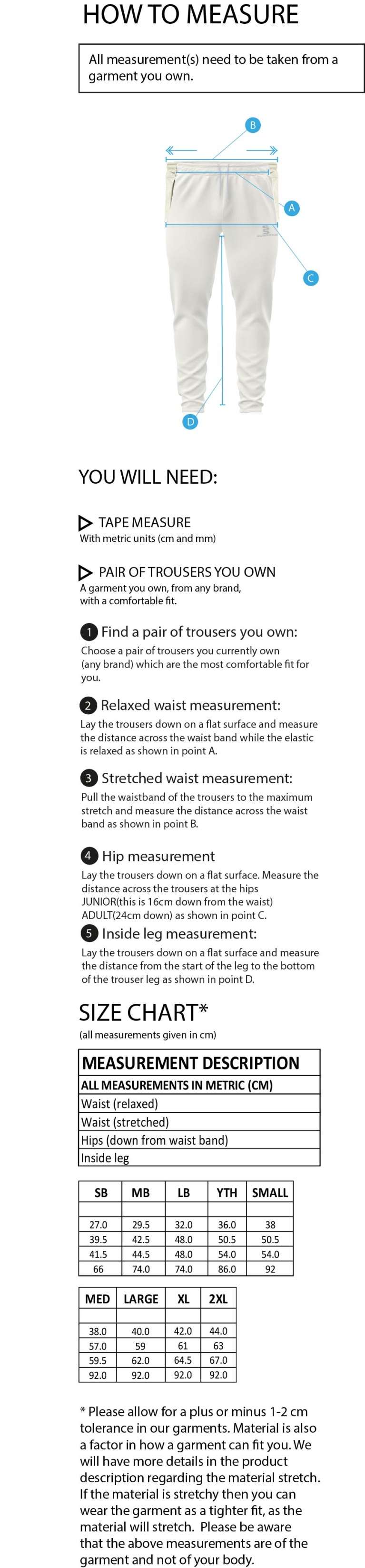 Romiley CC - Tek Playing Trousers - Size Guide