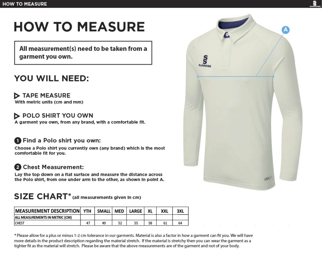 Romiley CC - Long Sleeved Cricked Shirt - Size Guide